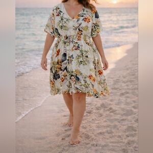 Leo Rosi Tropical Floral Button Front Dress XL Smocked Waist Boho Resort Summer
